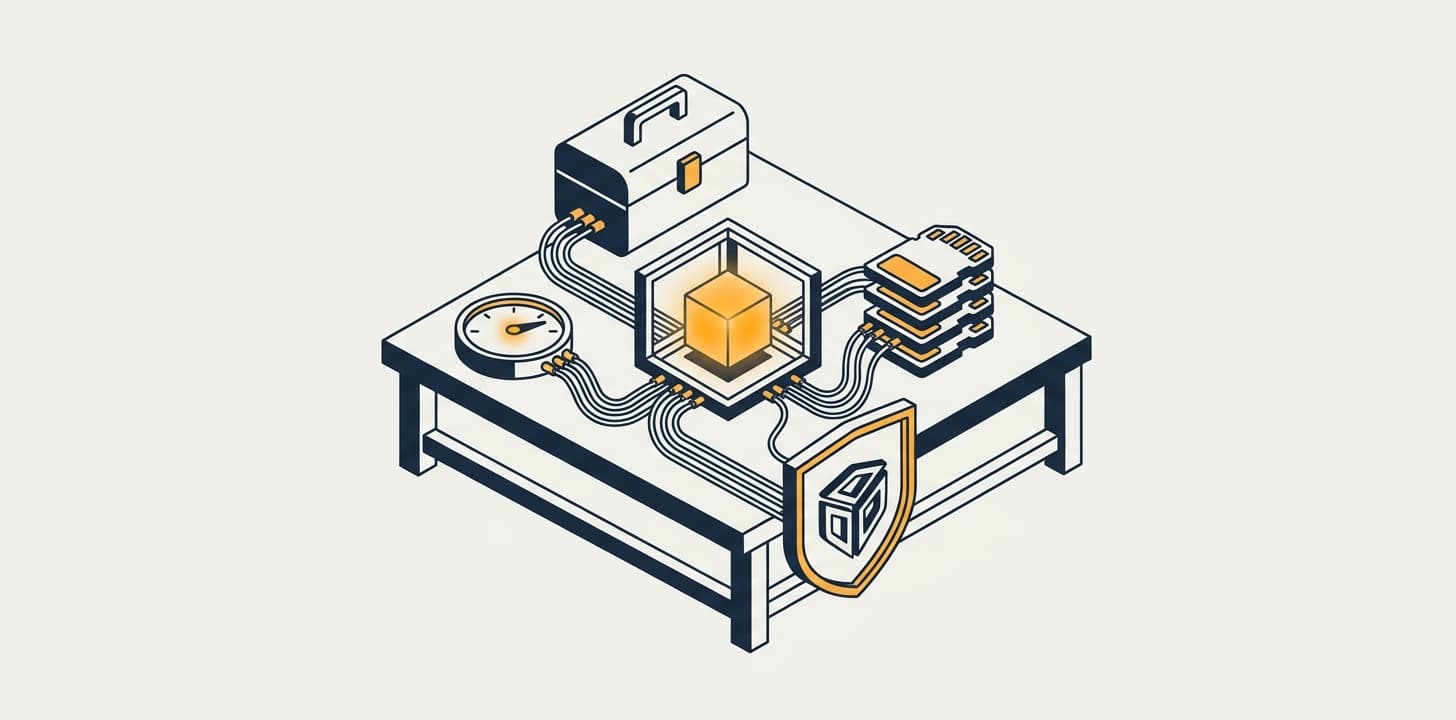 A small core block inside a frame that holds tools, memory, a gauge and a shield