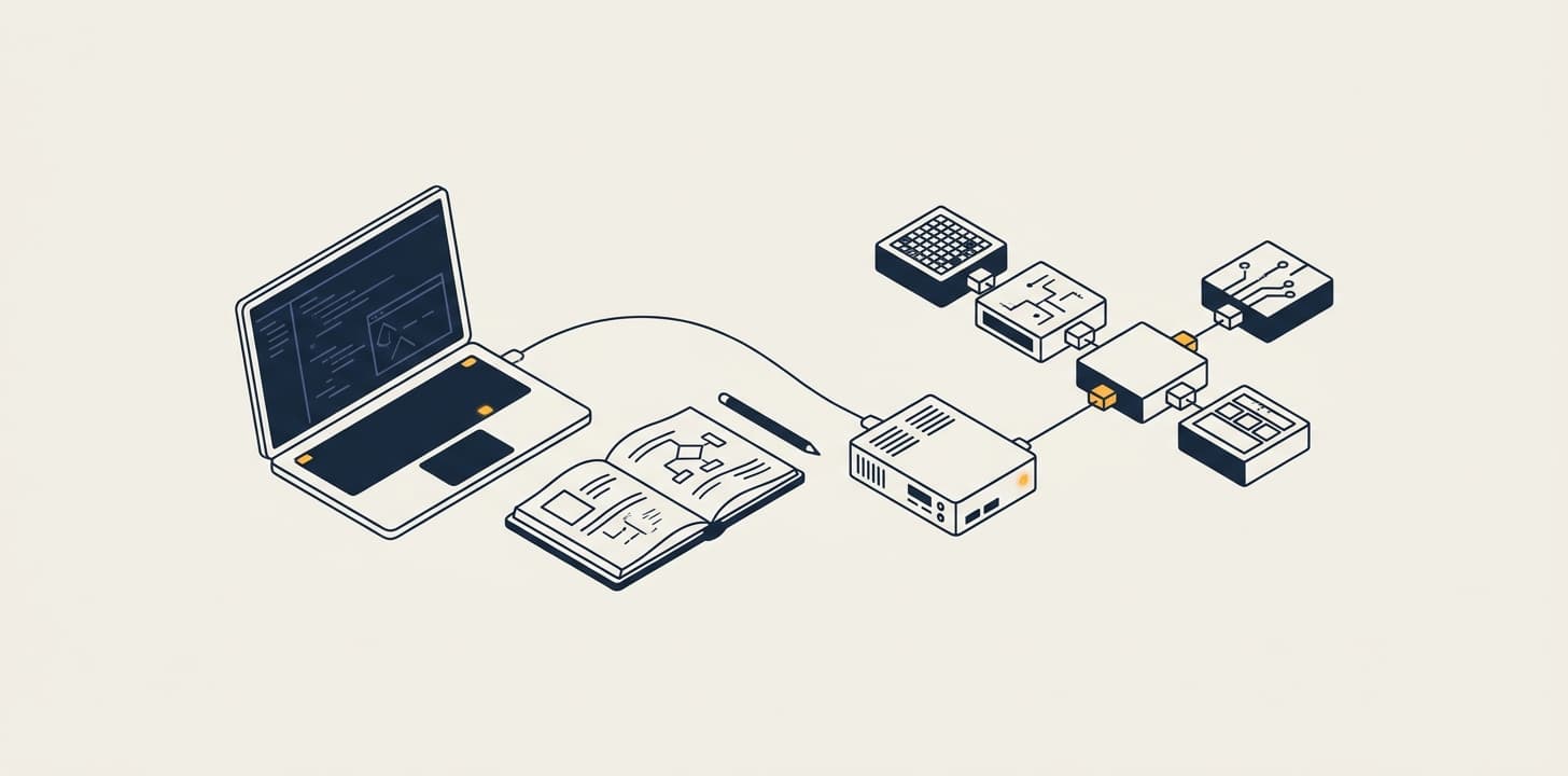 A laptop and a notebook wired to a set of connected systems
