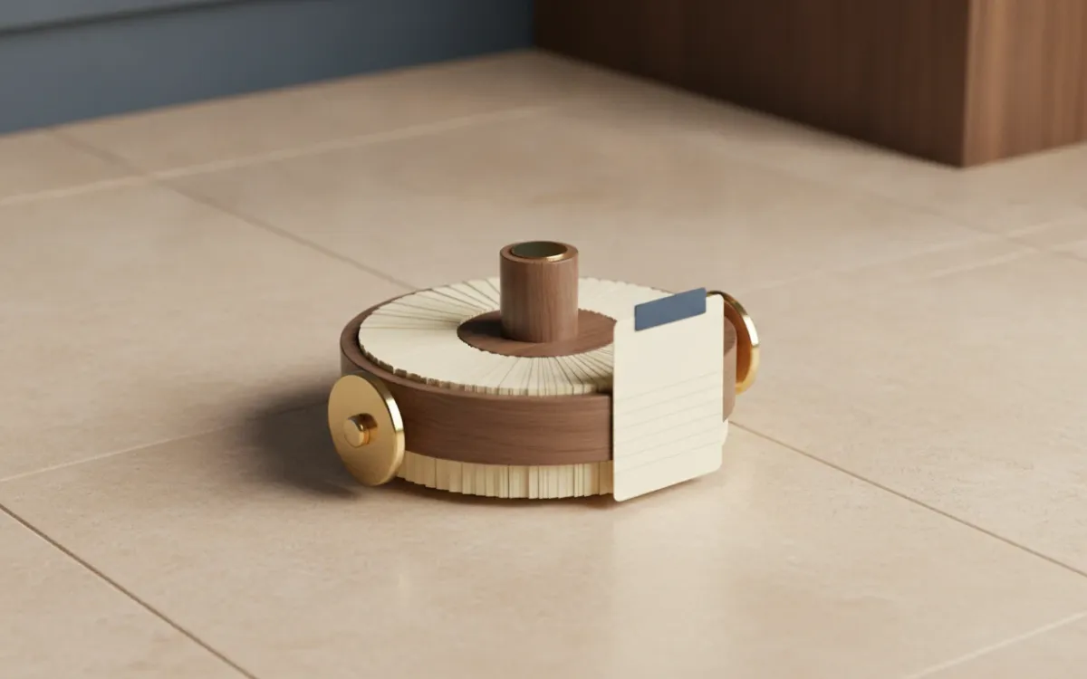 A walnut rotary card file of blank cards, one card raised above the rest.