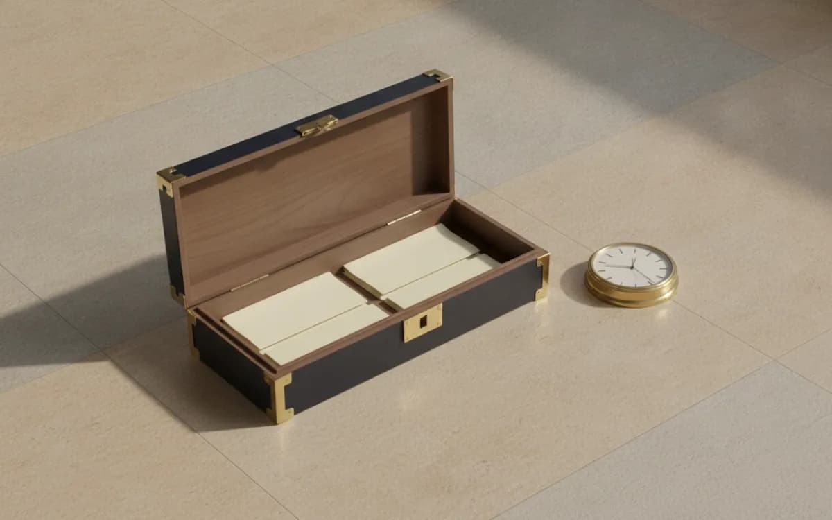 An open navy despatch box holding folded papers, a brass desk clock beside it.