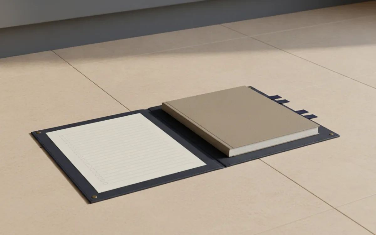 An open navy leather folder: the plan on the left, the finished pack on the right.