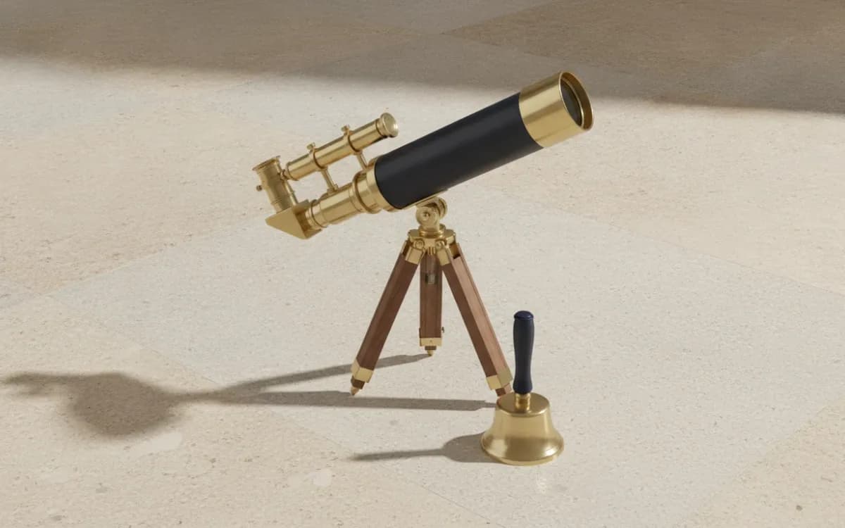 A brass telescope on a walnut tripod, a small hand bell at its foot.