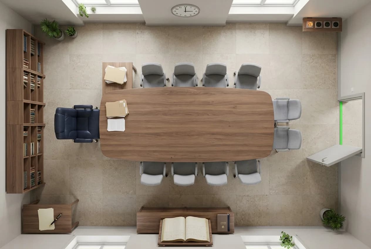 The Cabinet, seen from above: one chair at the head of a long table, ten seats, shelves, a clock, a door and a switchboard.
