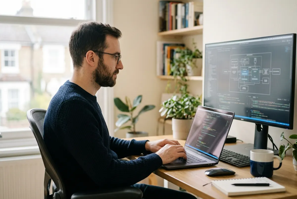 An engineer working remotely on an AI agent architecture