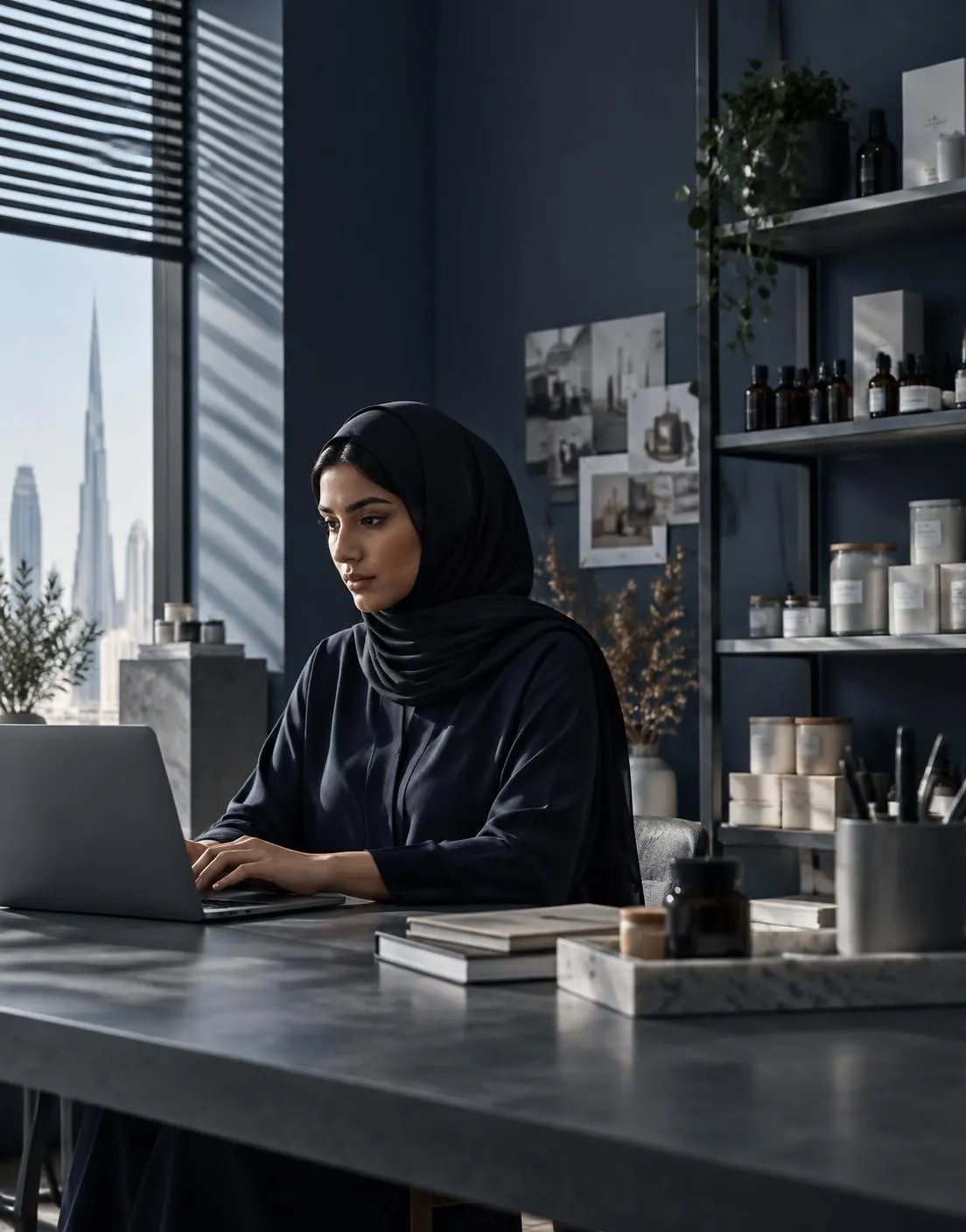 A Dubai business owner working on a laptop in her studio