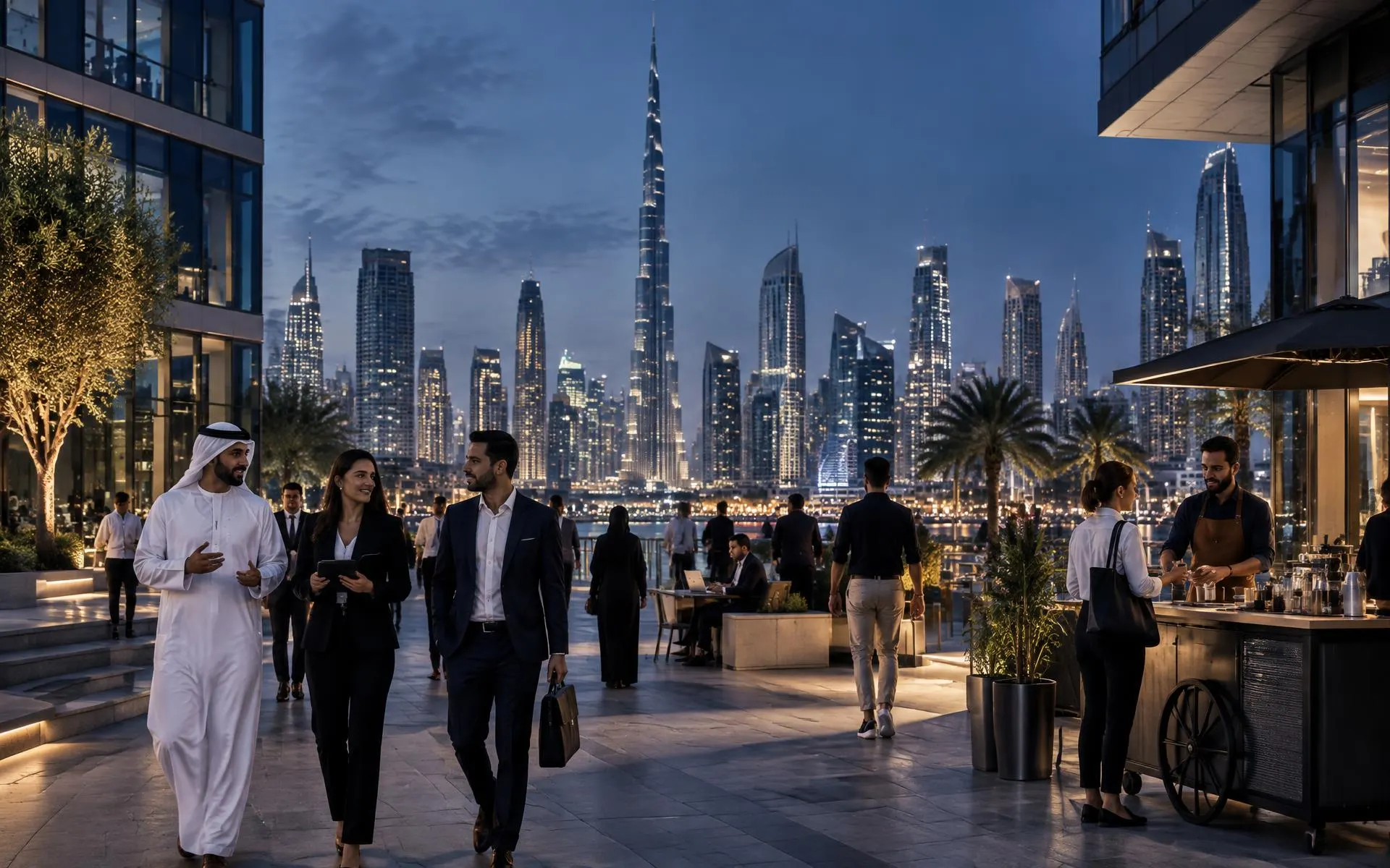 Business owners in a Dubai street at dusk, the city towers behind them
