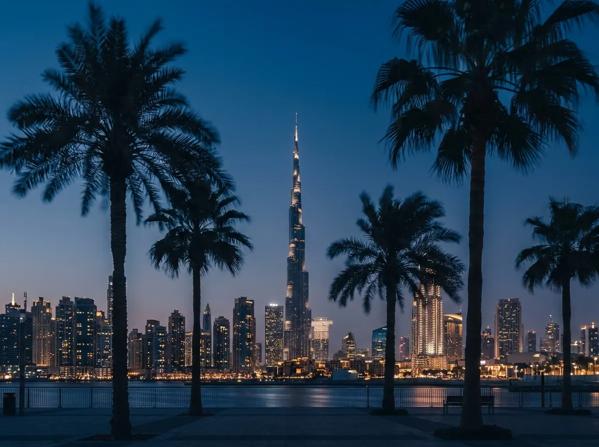 The Dubai skyline at dusk