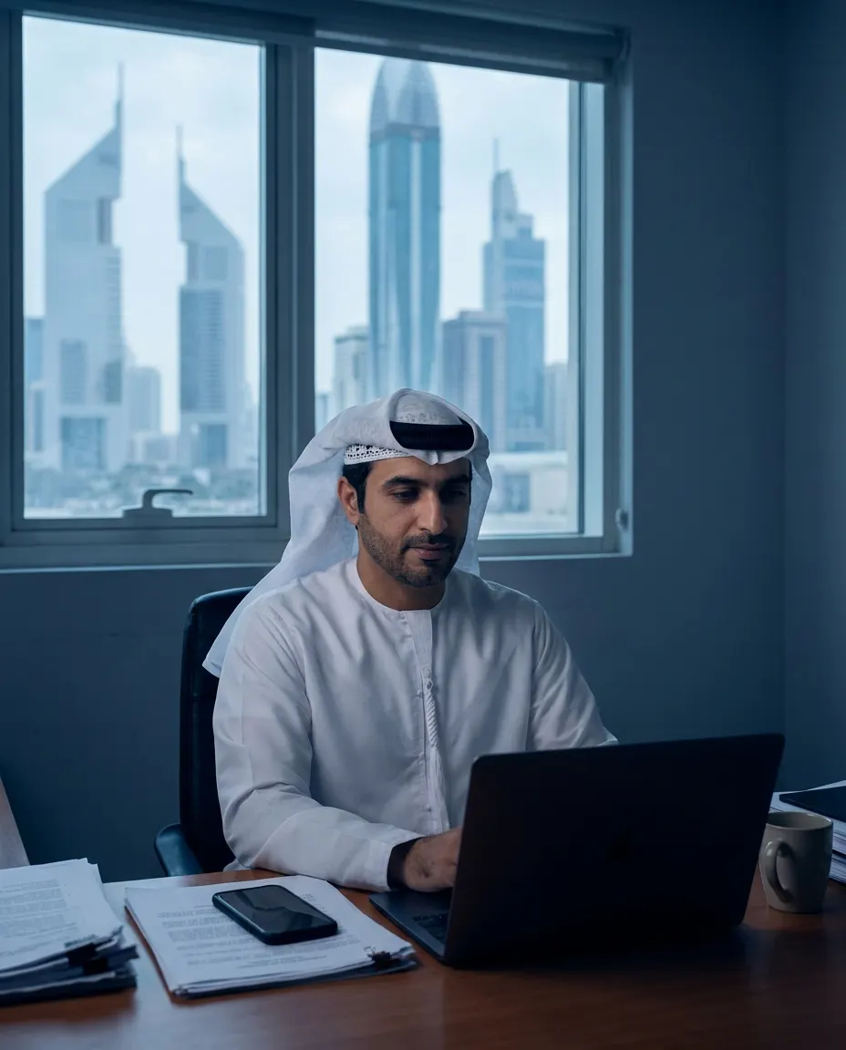 An Emirati business owner working on a laptop in his office